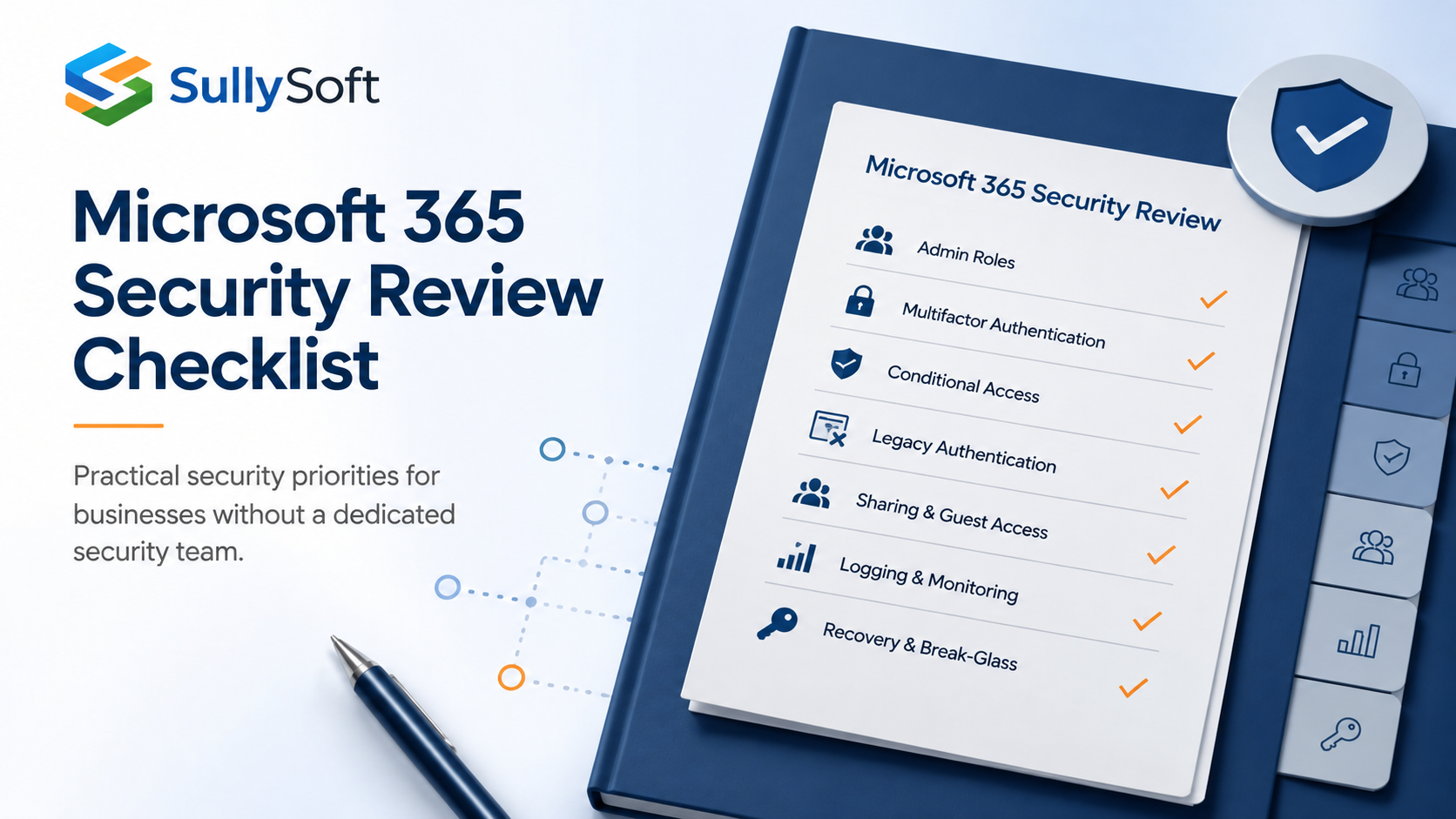 Microsoft 365 security review checklist highlighting admin access, MFA, Conditional Access, external sharing, logging, and recovery priorities for lean IT teams.